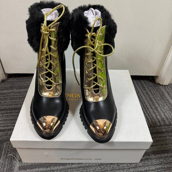 Things2Come by Shawné Mahoney “Maliyana” Luxe Combat Heel Boots | Black/Gold | S - Picture 3 of 11